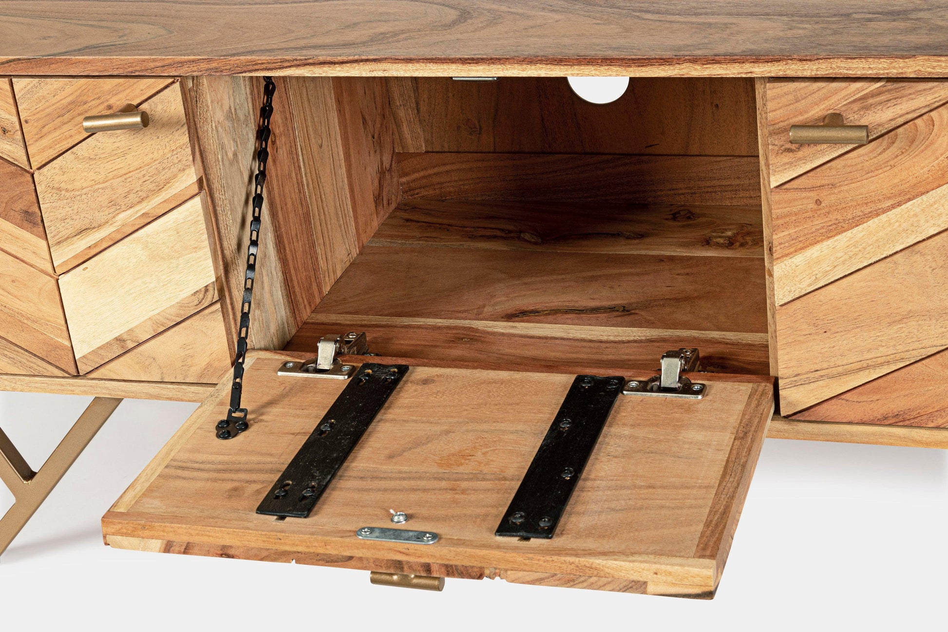 Credenza porta TV 3 ante in legno d'acacia con venature chiare del legno - dettaglio ribalta - SPEDIZIONE GRATUITA - lapagoda.net