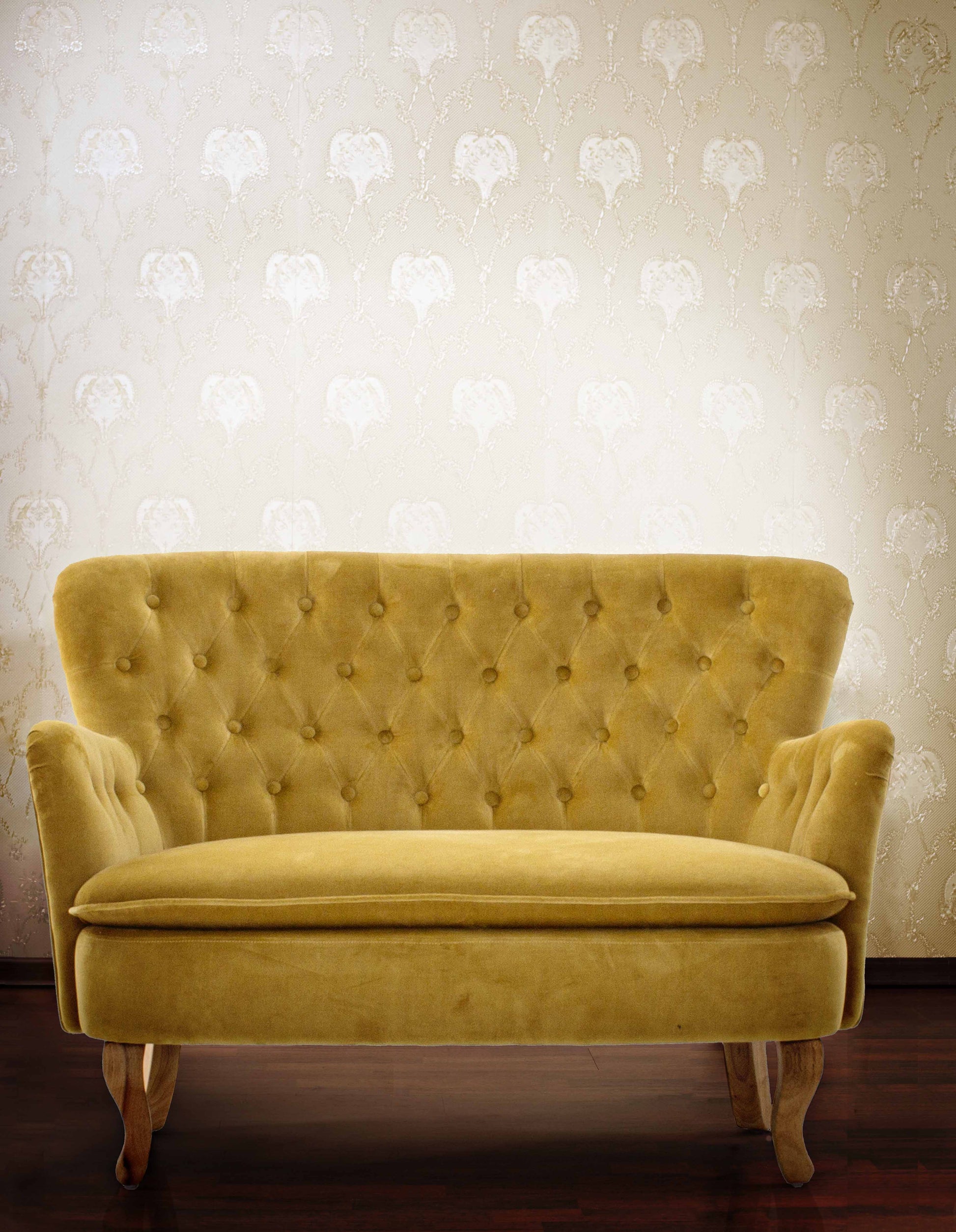 Divano vintage velluto colori senape, grigio e verde gambe in legno 2 posti - SCONTO 20% - lapagoda.net
