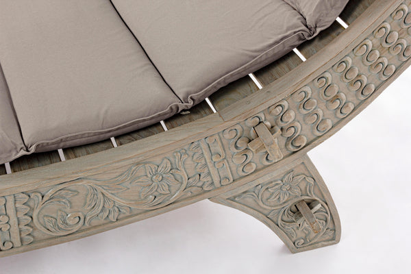 DAYBED etnico in legno massiccio di teak intarsiato con cuscini