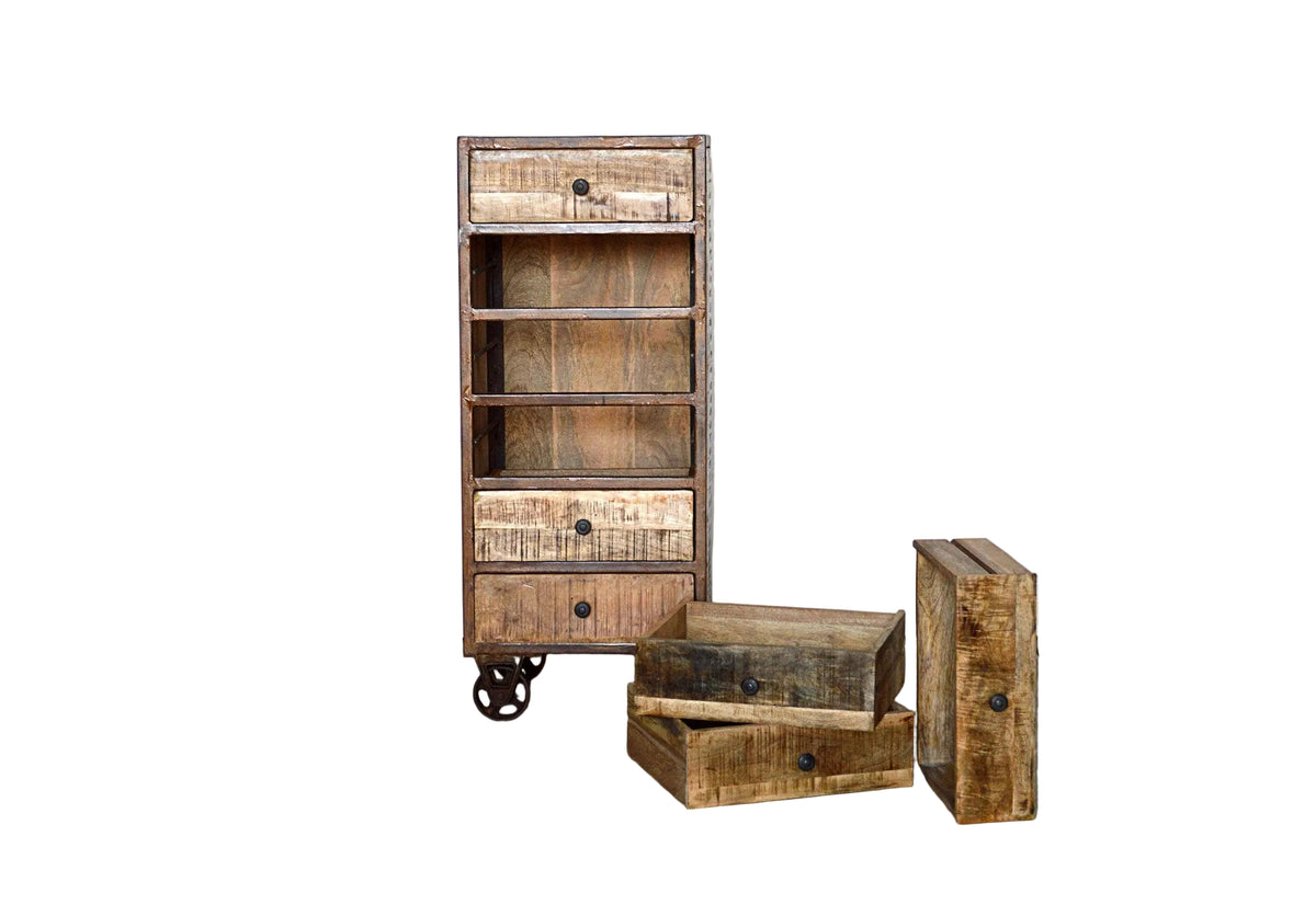 cassettiera in legno di mango vintage country industrial con gambe in ferro retro legno massello ruggine corten