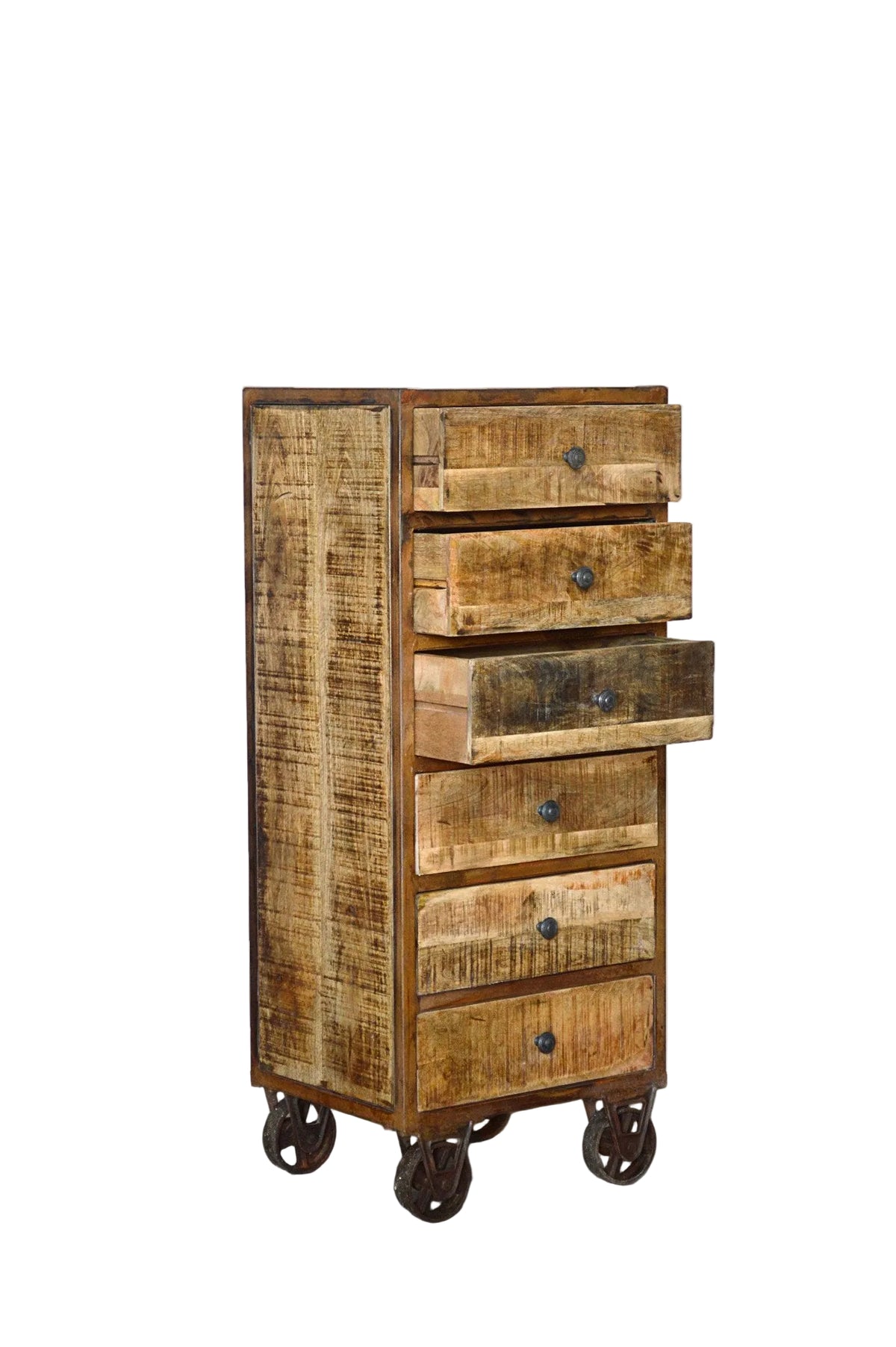 Cassettiera Industrial con ruote in Legno Massello con Struttura e Ruote in Ferro Rusty - 6 cassetti - BH.2519R