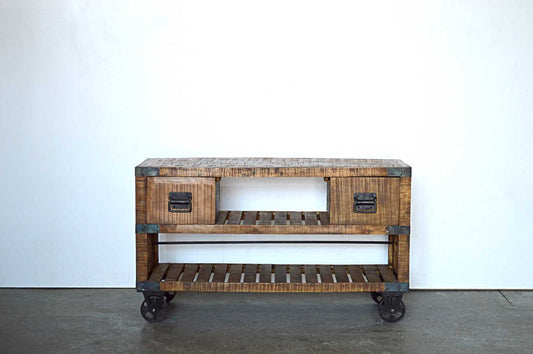 Credenza Porta TV Industrial con ruote in Legno Massello Country Rustico -  2 vani 2 cassetti -SAM14006- - lapagoda.net