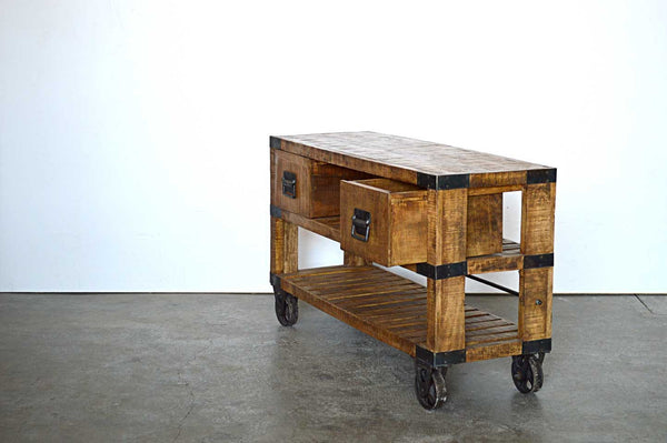 Credenza Porta TV Industrial con ruote in Legno Massello Country Rustico -  2 vani 2 cassetti -SAM14006- - lapagoda.net