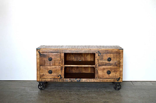 Credenza Porta TV Industrial con ruote in Legno Massello Country Rustico - 2 vani 4 cassetti -BH1152A- - lapagoda.net