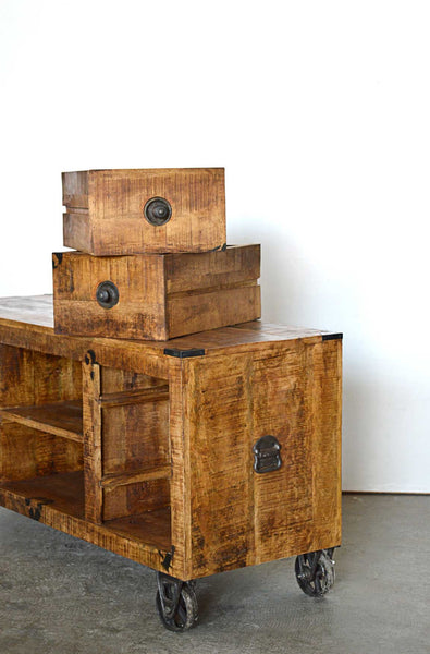 Credenza Porta TV Industrial con ruote in Legno Massello Country Rustico - 2 vani 4 cassetti -BH1152A- - lapagoda.net