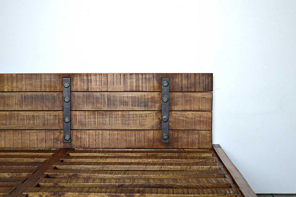 Letto Matrimoniale Industrial con ruote in Legno Massello Country Rustico con testata -SAM14009-