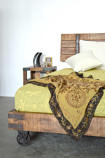 Letto Matrimoniale Industrial con ruote in Legno Massello Country Rustico con testata -SAM14009-