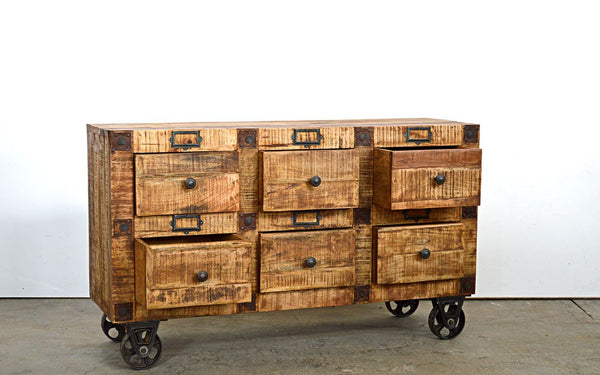 cassettiera in legno di mango vintage country con gambe in ferro retro legno massello 