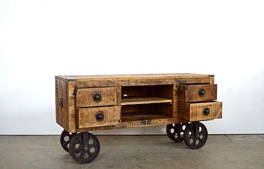 Credenza Porta TV Industrial con ruote in Legno Massello - 2 vani 4 cassetti -BH1152- - lapagoda.net