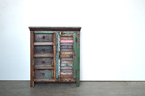 Credenza Vintage in Legno Riciclato - 4 cassetti 1 anta -BH001- - lapagoda.net