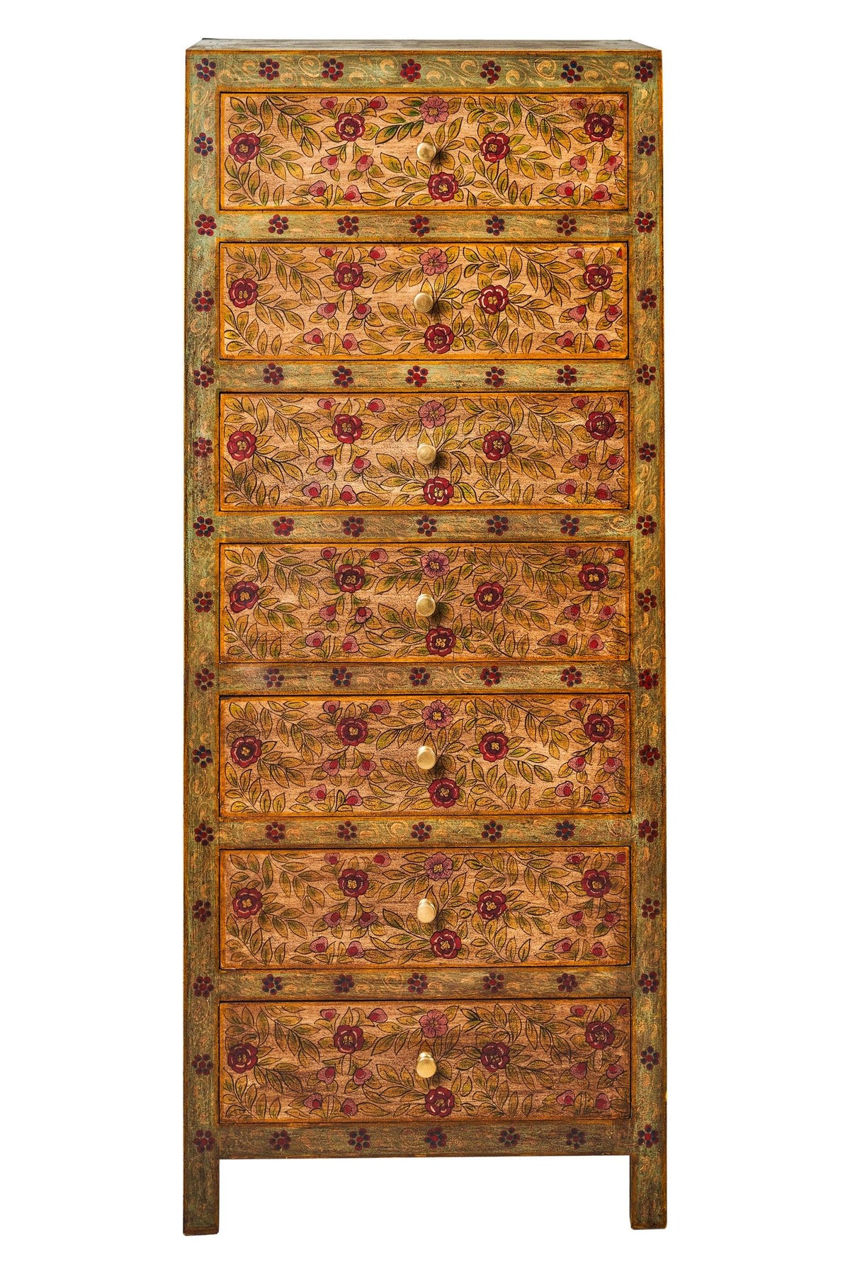 Cassettiera settimino Indiano in legno massello dipinto giallo fiori rossi 7c - lapagoda.net