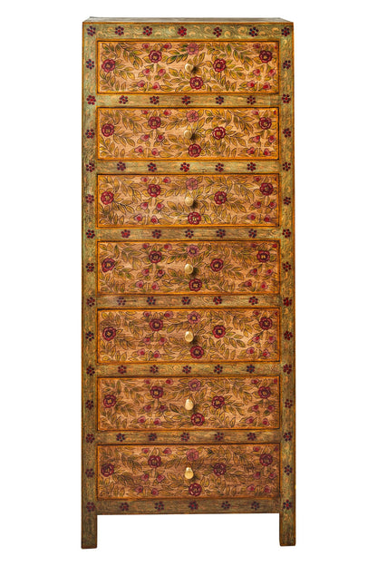Cassettiera settimino Indiano in legno massello dipinto giallo fiori rossi 7c - lapagoda.net