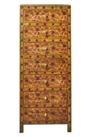 Cassettiera settimino Indiano in legno massello dipinto giallo fiori rossi 7c