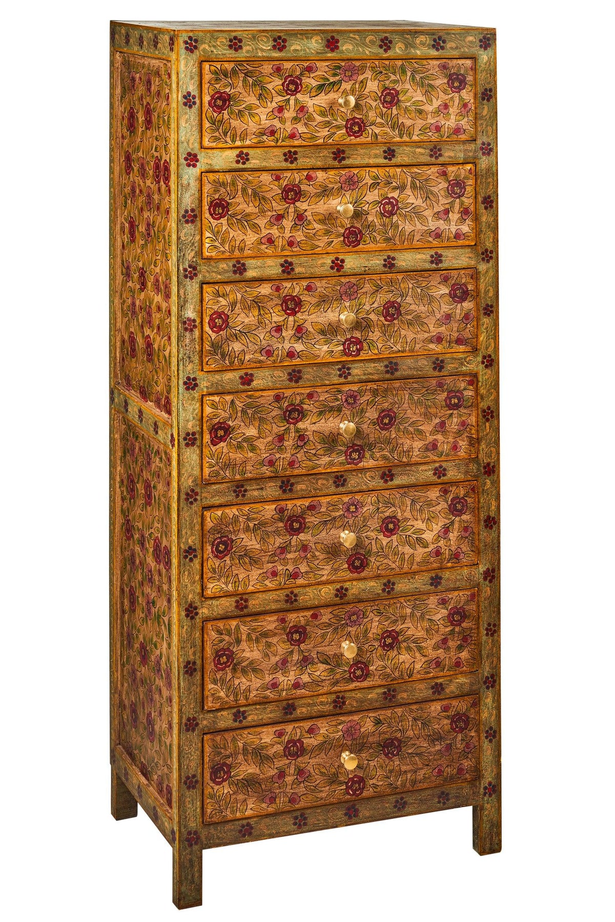 Cassettiera settimino Indiano in legno massello dipinto giallo fiori rossi 7c - lapagoda.net