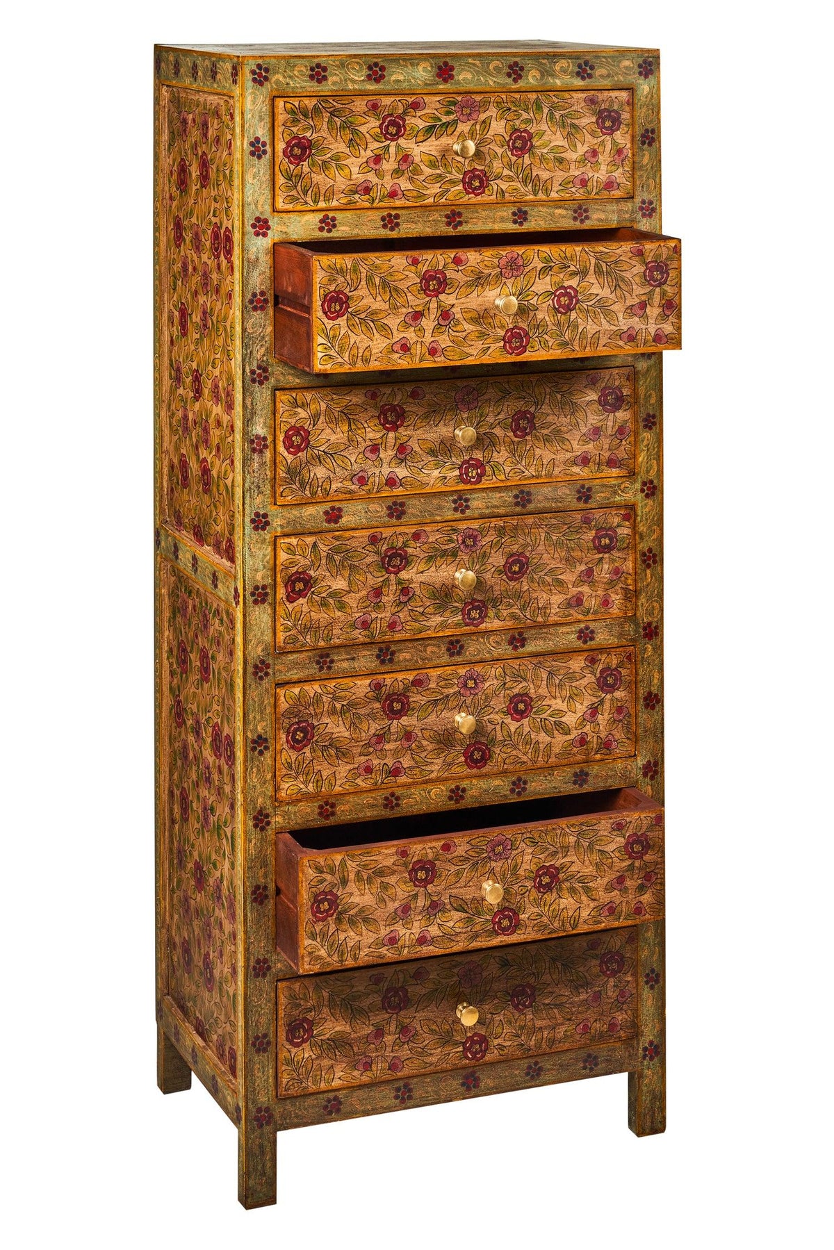 Cassettiera settimino Indiano in legno massello dipinto giallo fiori rossi 7c - lapagoda.net