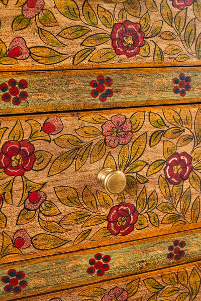 Cassettiera settimino Indiano in legno massello dipinto giallo fiori rossi 7c