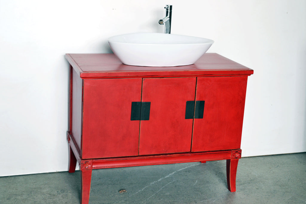 Mobile bagno cinese in lacca rossa con lavandino e rubinetteria in legno massello Cina - 3 ante - IMG001 - lapagoda.net