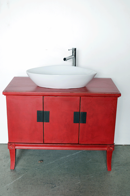 Mobile bagno cinese in lacca rossa con lavandino e rubinetteria in legno massello Cina - 3 ante - IMG001 - lapagoda.net