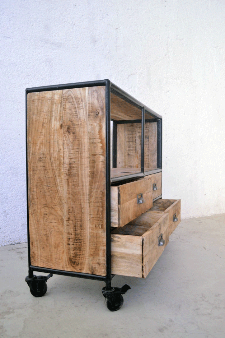libreria industrial online in legno massello 4 cassetti su ruote in fusione 