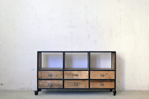 Libreria Industrial bassa vintage su ruote - 6 cassetti - lapagoda.net