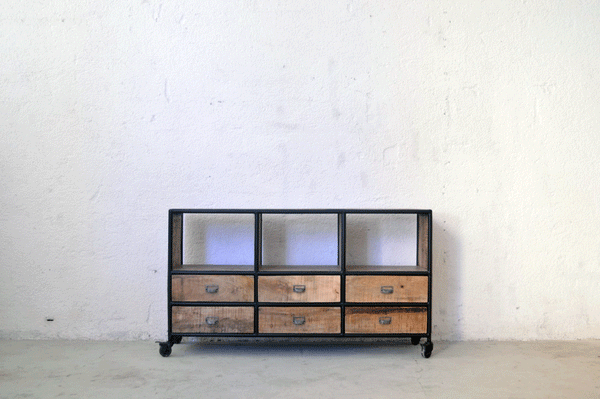 Libreria Industrial bassa vintage su ruote - 6 cassetti - lapagoda.net