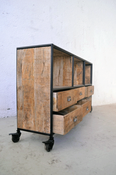 Libreria Industrial bassa vintage su ruote - 6 cassetti - lapagoda.net
