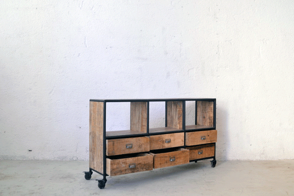 Libreria Industrial bassa vintage su ruote - 6 cassetti - lapagoda.net