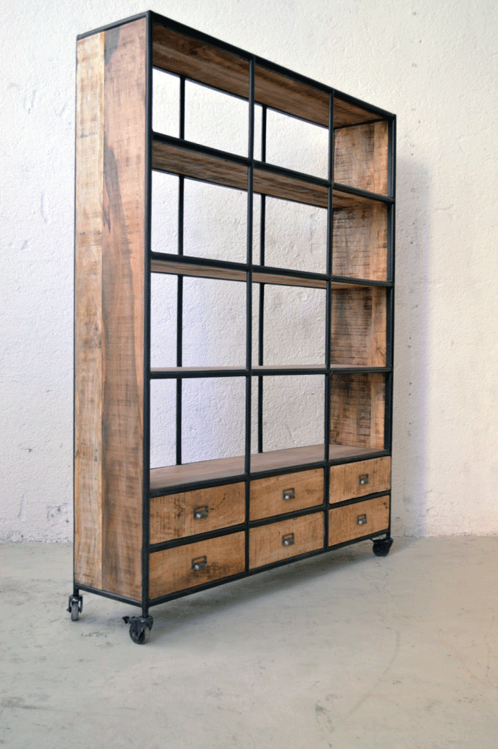 Libreria Industrial vintage su ruote - 6 cassetti - lapagoda.net