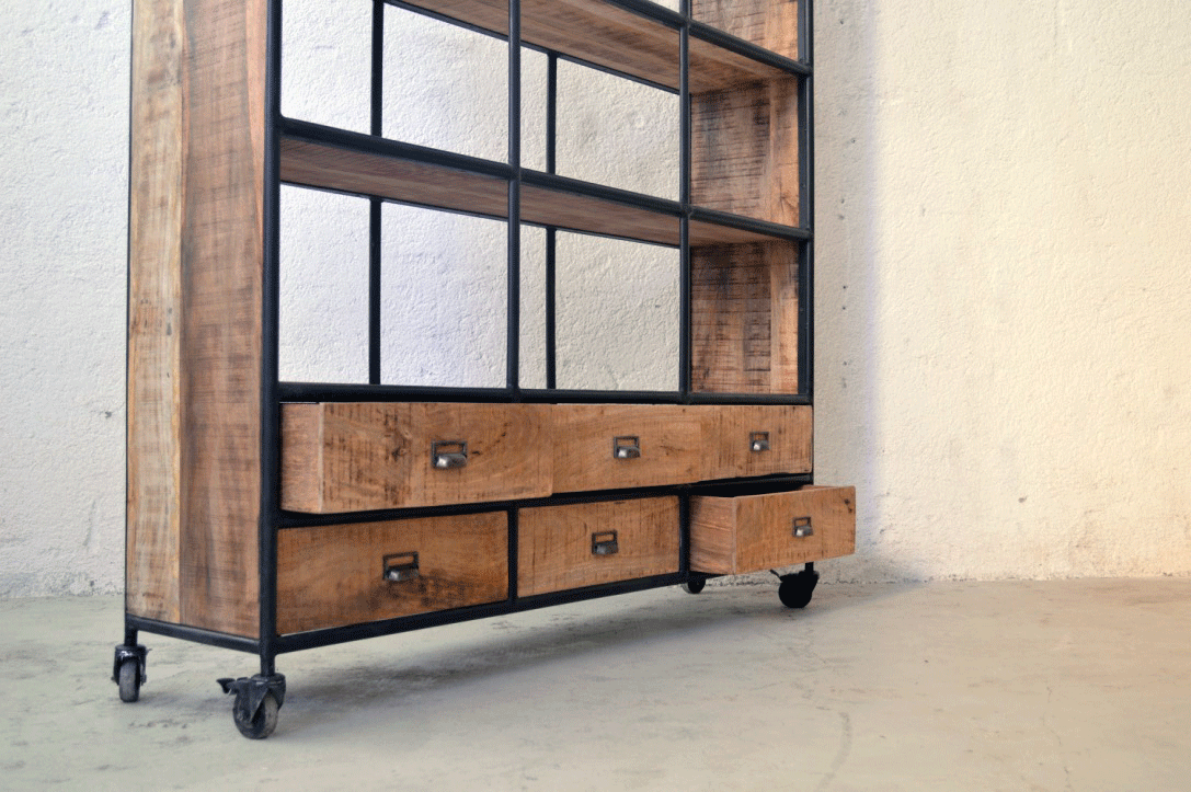 libreria stile industriale 6 cassetti libreria a giorno in tubolare di ferro battuto e legno massello con ruote in gomma con fermo libreria industrial online 