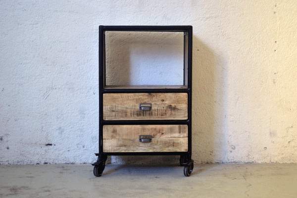 Libreria Industrial bassa vintage su ruote - 2 cassetti - lapagoda.net