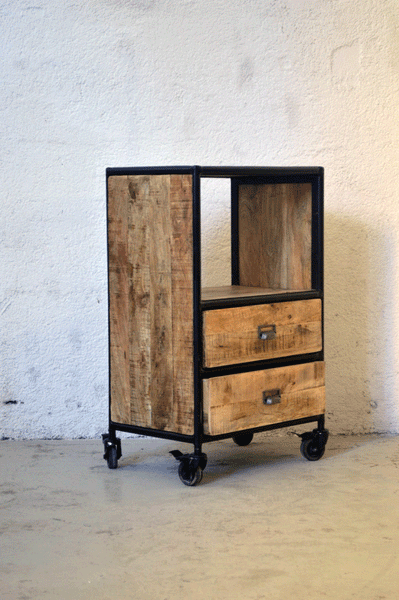 Libreria Industrial bassa vintage su ruote - 2 cassetti - lapagoda.net