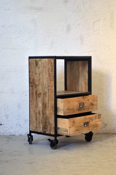 Libreria Industrial bassa vintage su ruote - 2 cassetti - lapagoda.net