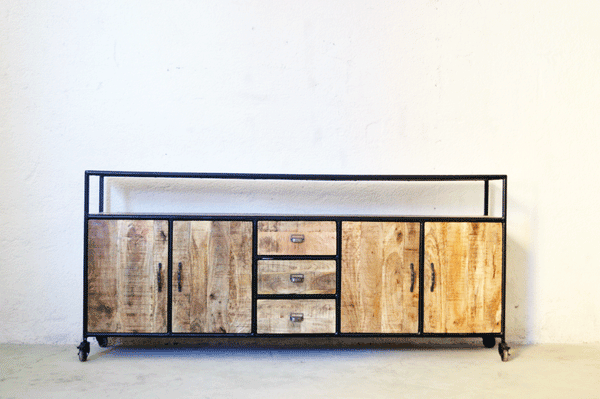 Credenza Industrial vintage su ruote - 4 ante 3 cassetti - lapagoda.net