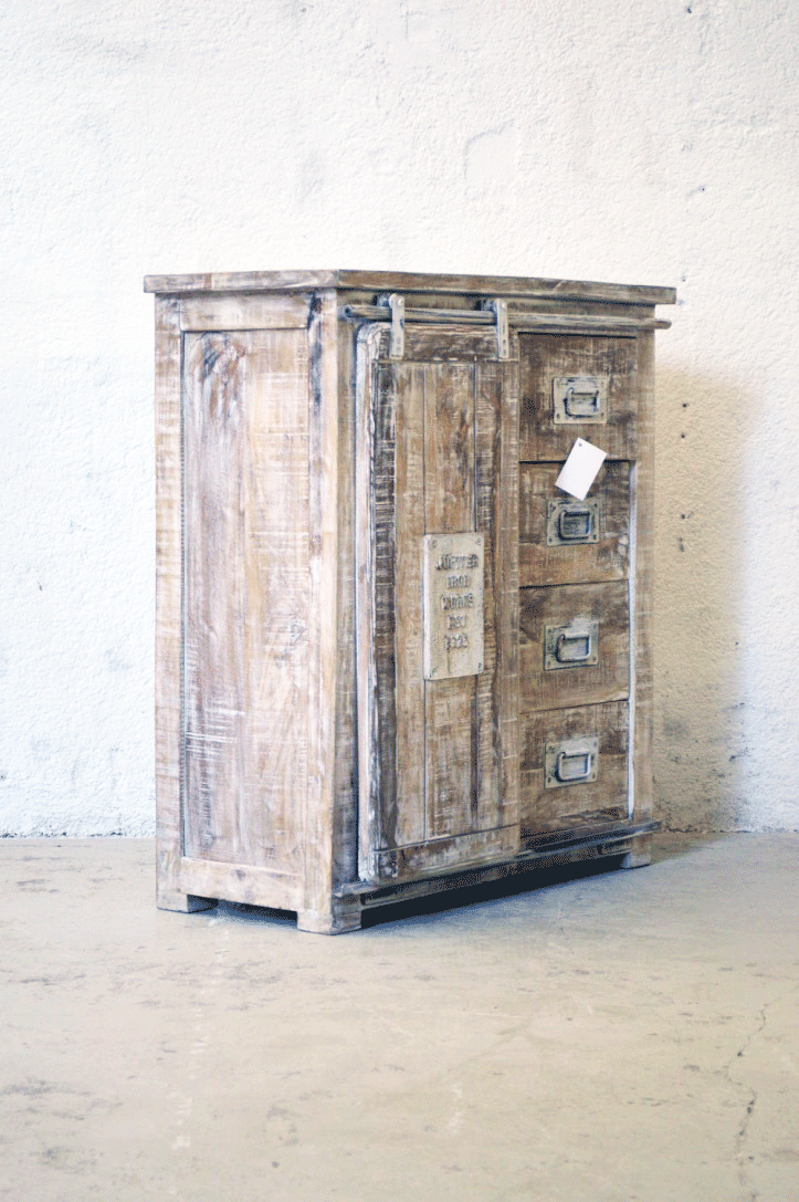 Cassettiera Industrial Shabby chic con anta scorrevole in legno massello - 4 cassetti -BH017017- - lapagoda.net