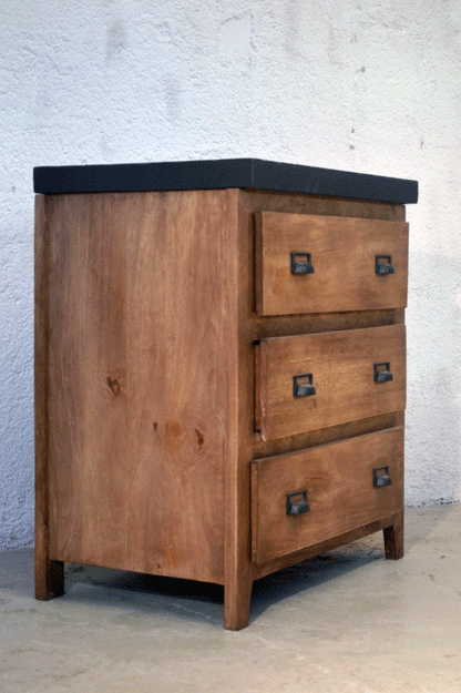 Cassettiera vintage in legno massello e top in ferro - 3 cassetti -BE07-