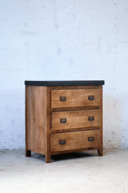 Cassettiera vintage in legno massello e top in ferro - 3 cassetti -BE07-