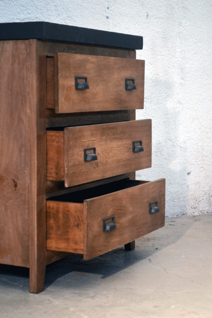 Cassettiera vintage in legno massello e top in ferro - 3 cassetti -BE07-