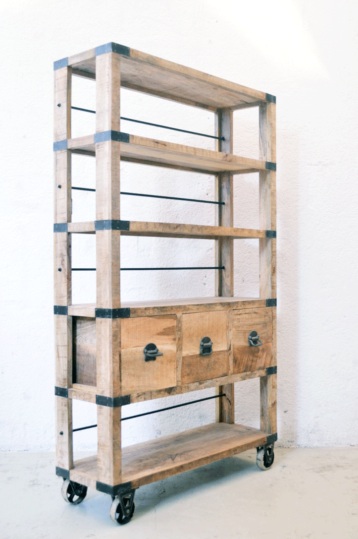 Libreria Industrial con ruote in Legno massello di Mango Country Rustico - 3 cassetti -SAM14.2M- - lapagoda.net