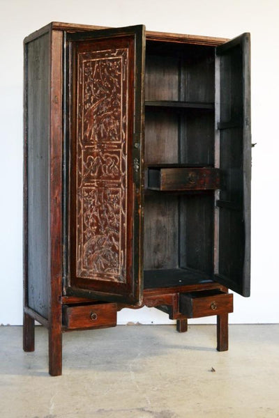 Antico armadio cinese originale in Legno di Olmo intarsiato - 2 ante 2 cassetti - EL.1101.055