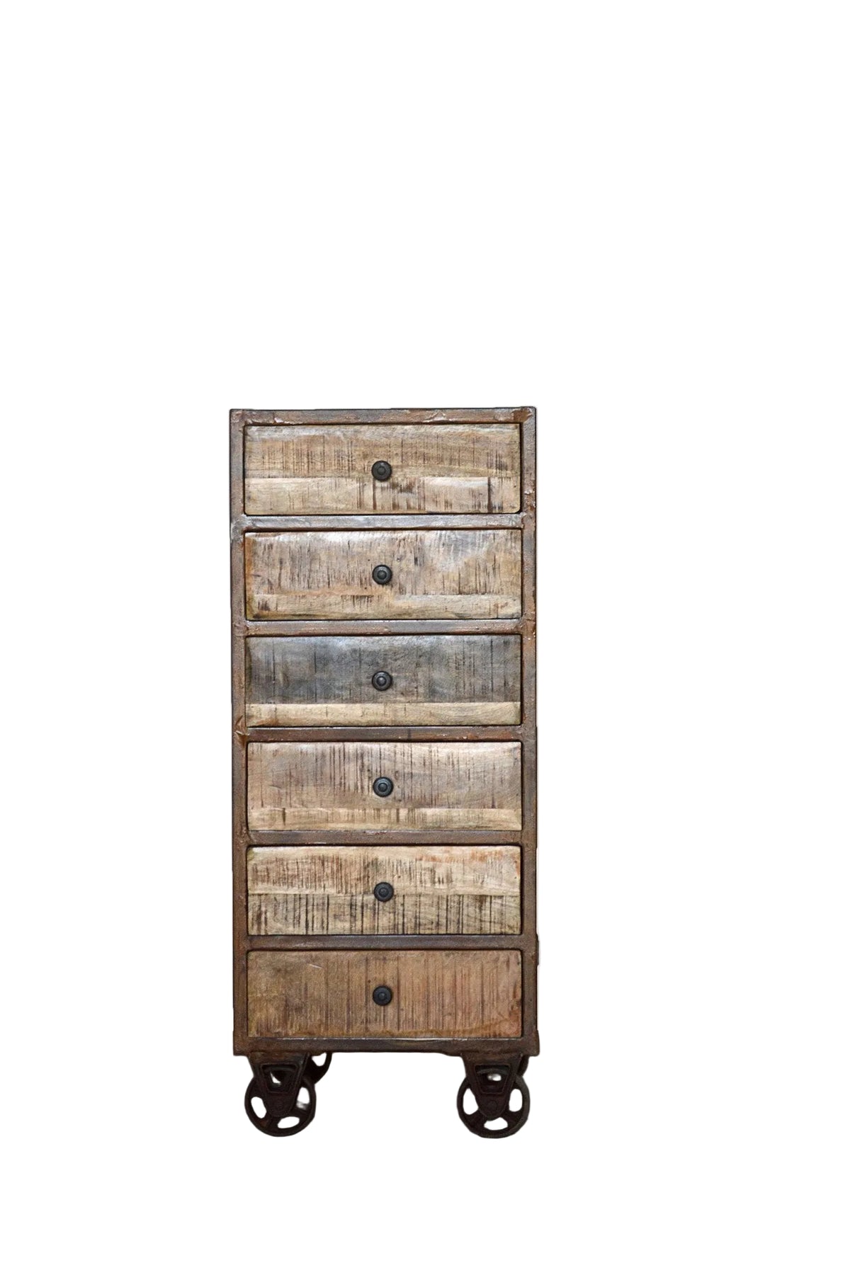 Cassettiera Industrial con ruote in Legno Massello con Struttura e Ruote in Ferro Rusty - 6 cassetti - BH.2519R