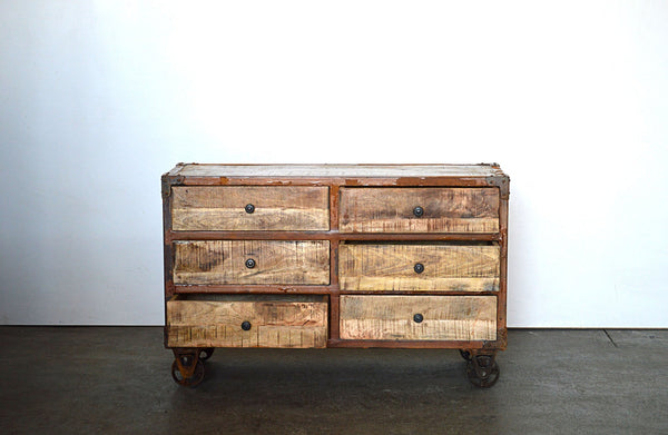 cassettiera in legno di mango vintage country con gambe in ferro retro legno massello