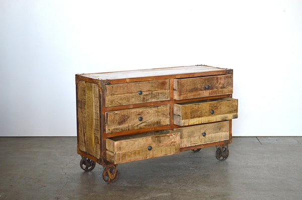 Cassettiera Industrial con ruote in Legno Massello con Struttura e Ruote in Ferro Rusty - 6 cassetti - BH.2518R