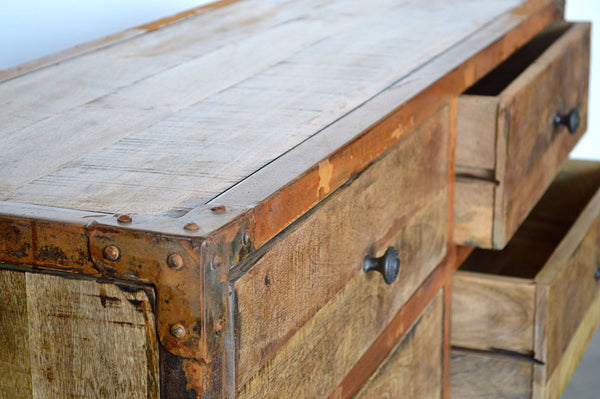 cassettiera in legno di mango vintage country con gambe in ferro retro legno massello 