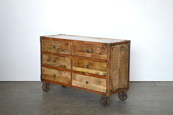 Cassettiera Industrial con ruote in Legno Massello con Struttura e Ruote in Ferro Rusty - 6 cassetti - BH.2518R