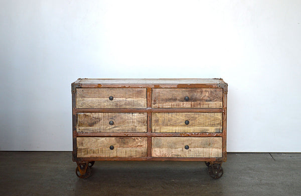 Cassettiera Industrial con ruote in Legno Massello con Struttura e Ruote in Ferro Rusty - 6 cassetti - BH.2518R