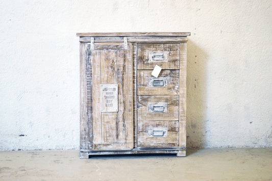 Cassettiera Industrial Shabby chic con anta scorrevole in legno massello - 4 cassetti -BH017017-