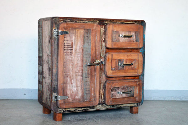 Credenza vecchi frigo in legno massello di recupero con maniglie tipo ghiacciaia - 3 cassetti 1 anta -FRI1A3C0- - lapagoda.net