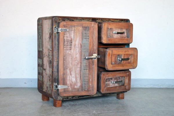 Credenza vecchi frigo in legno massello di recupero con maniglie tipo ghiacciaia - 3 cassetti 1 anta -FRI1A3C0- - lapagoda.net