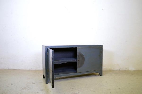 Credenza cinese in legno massello lacca blu grigio maniglie in ottone 2 ante