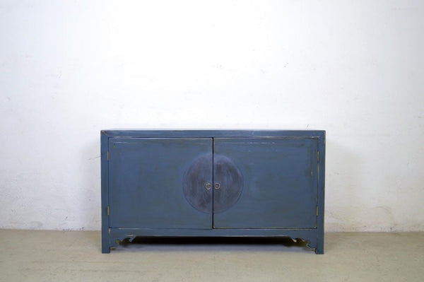 Credenza cinese in legno massello lacca blu grigio maniglie in ottone 2 ante